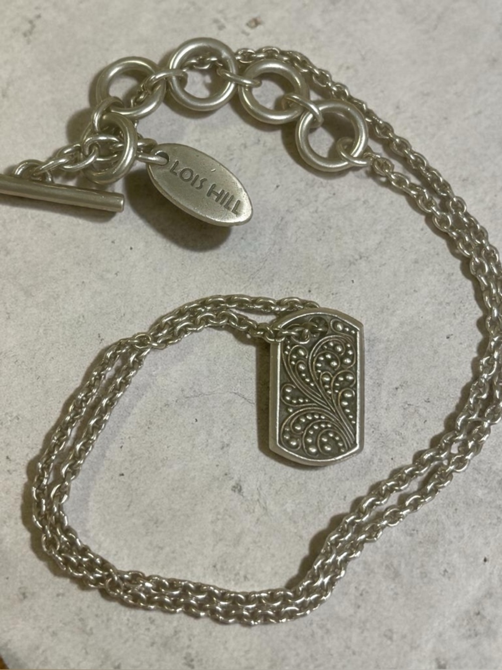 Lois Hill Silver Filigree Dog Tag Pendant Necklace